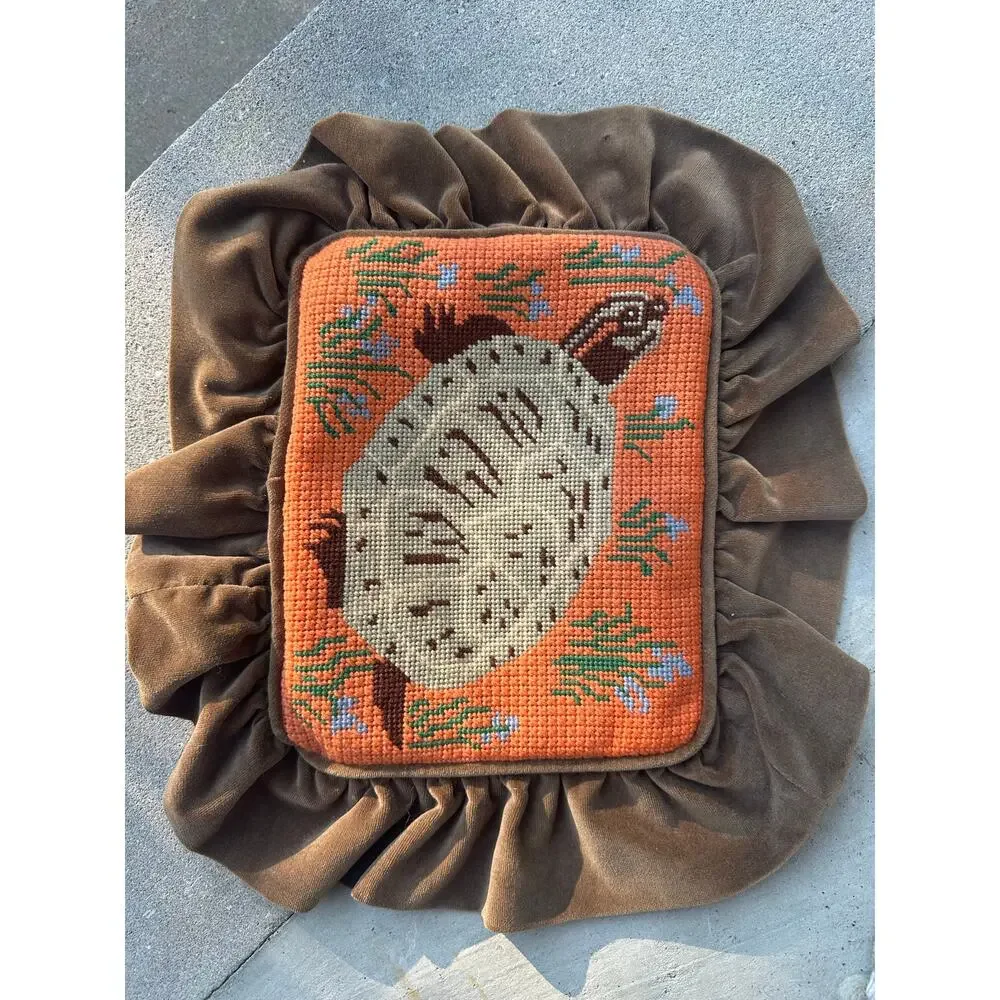 Vintage handmade needlepoint turtle pillow sham brown velvet ruffle orange